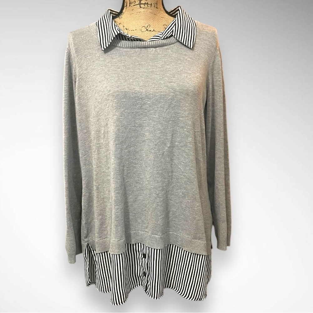 ADRIANNA PAPELL Women's Gray Sweater with Striped Fooler Layer | EUC